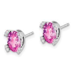 14k White Gold Oval Created Pink Sapphire and Diamond Earrings