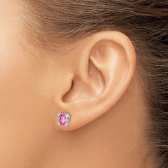 14k White Gold Oval Created Pink Sapphire and Diamond Earrings