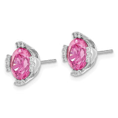 14k White Gold Oval Created Pink Sapphire and Diamond Earrings