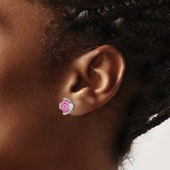 14k White Gold Oval Created Pink Sapphire and Diamond Earrings