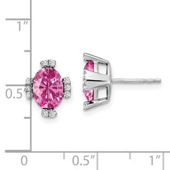 14k White Gold Oval Created Pink Sapphire and Diamond Earrings