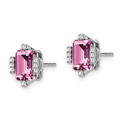 14k White Gold Emerald-shape Creat. Pink Sapphire/Diamond Earrings