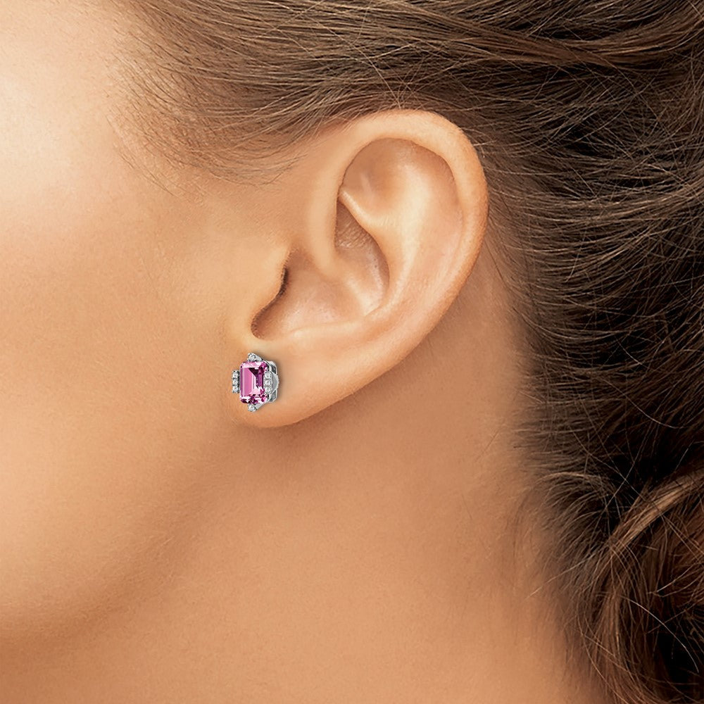 14k White Gold Emerald-shape Creat. Pink Sapphire/Diamond Earrings