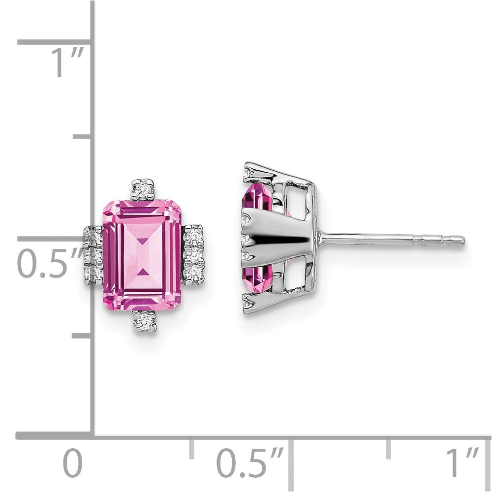 14k White Gold Emerald-shape Creat. Pink Sapphire/Diamond Earrings