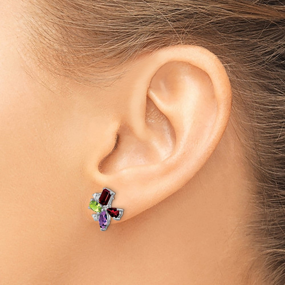 14k White Gold Amethyst/Peridot/Garnet/Diamond Earrings