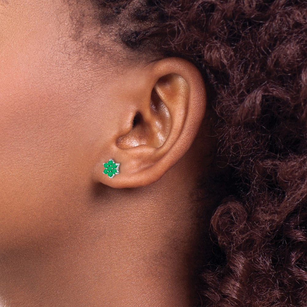 14k White Gold Emerald Floral Post Earrings