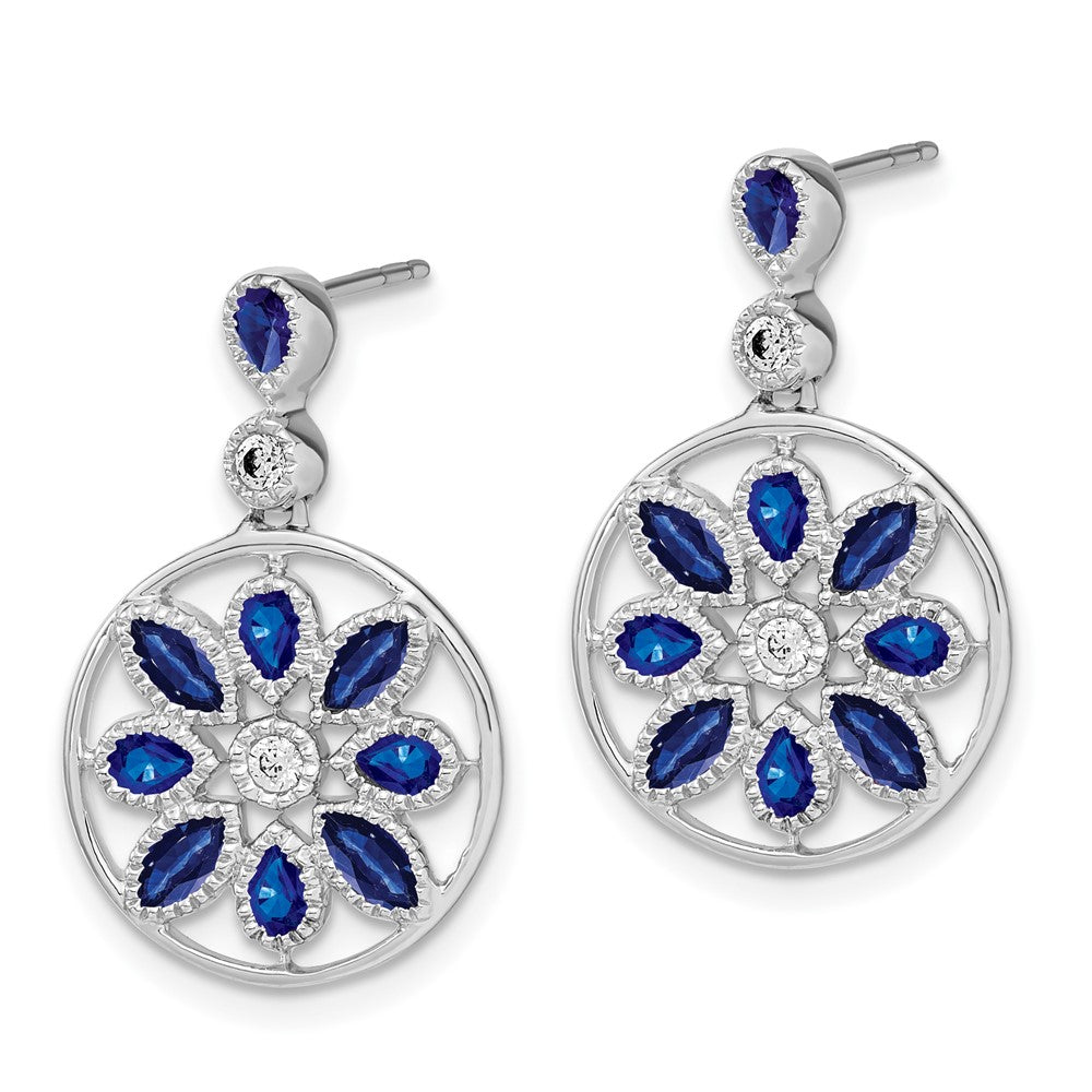 14k White Gold Sapphire and Diamond Floral Dangle Earrings