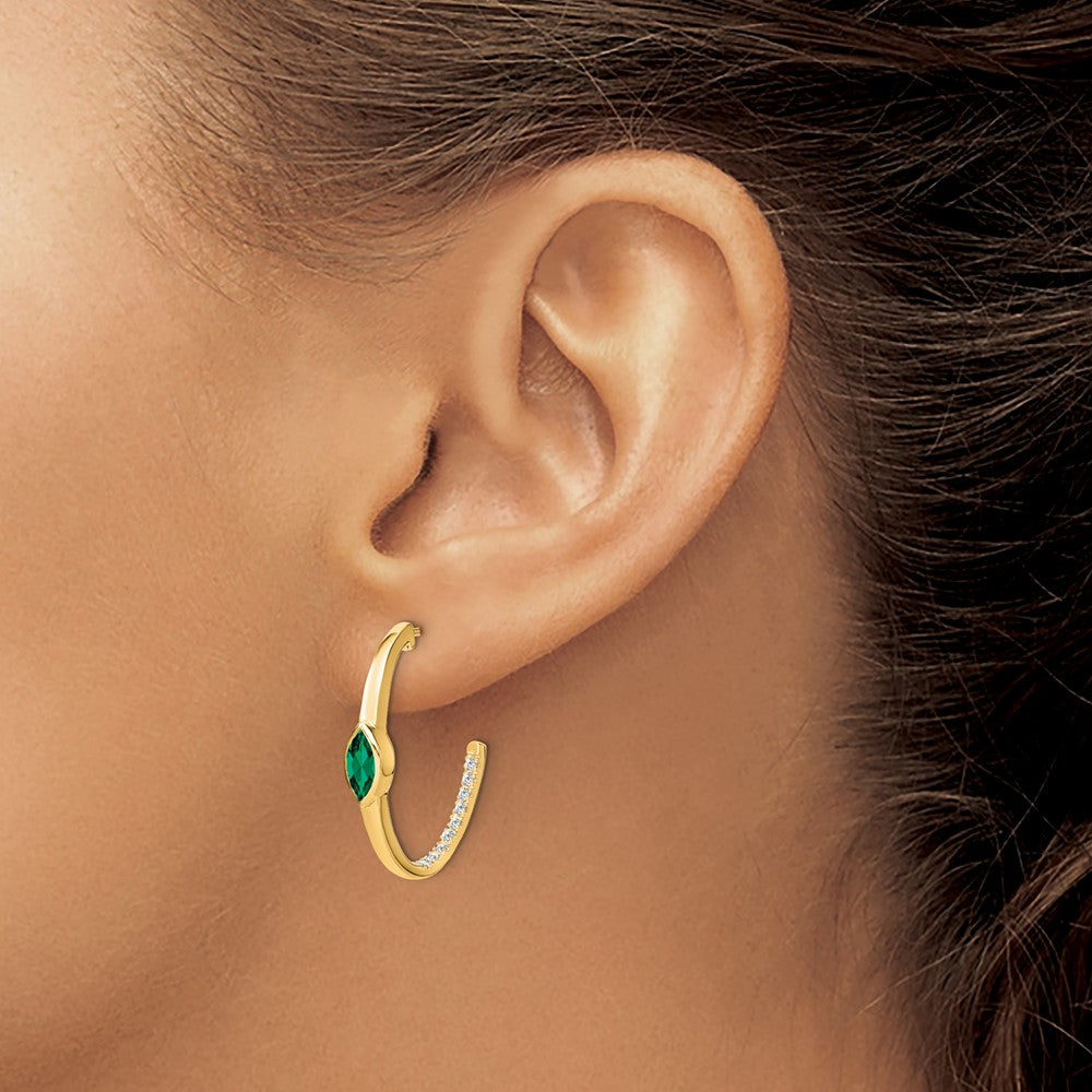 14k Marquise Created Emerald and Diamond J-hoop Earrings