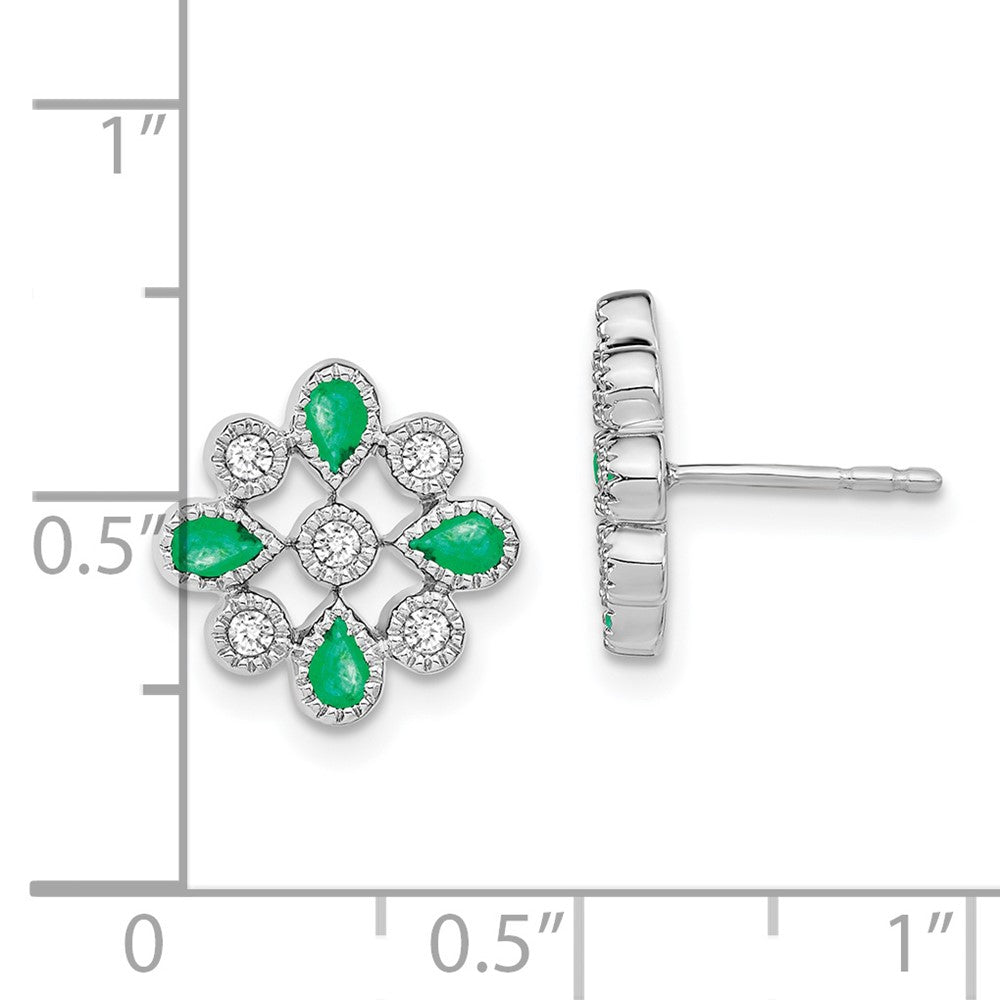 14k White Gold Emerald and Diamond Post Earrings - 6