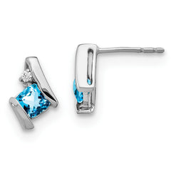 14K White Gold Cushion Blue Topaz and Diamond Earrings