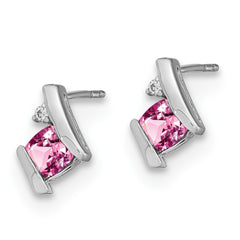 14K White Gold Cushion Cr. Pink Sapphire and Diamond Earrings