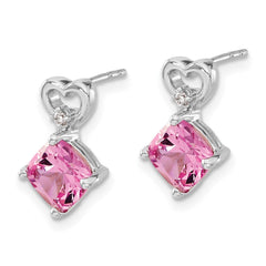 14k White Gold Created Pink Sapphire and Diamond Heart Earrings