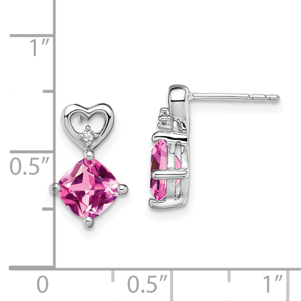 14k White Gold Created Pink Sapphire and Diamond Heart Earrings