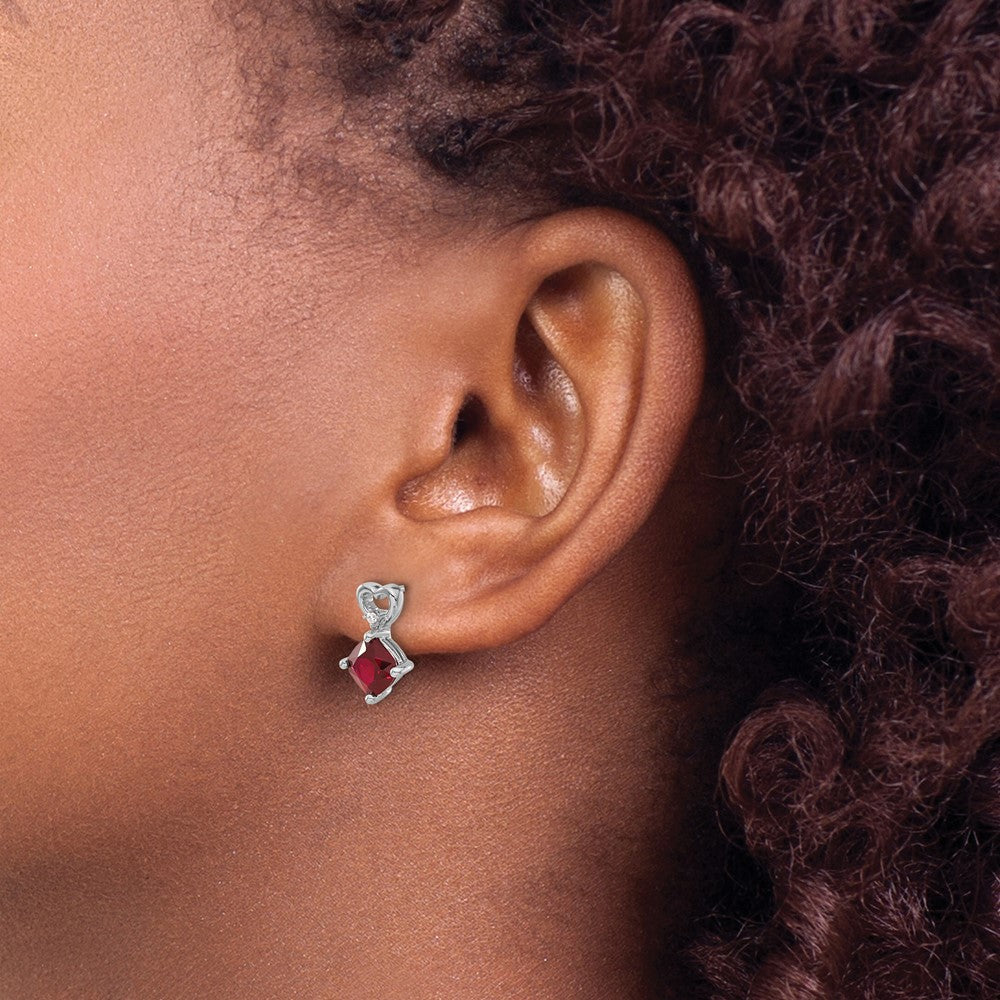 14k White Gold Created Ruby and Diamond Heart Earrings