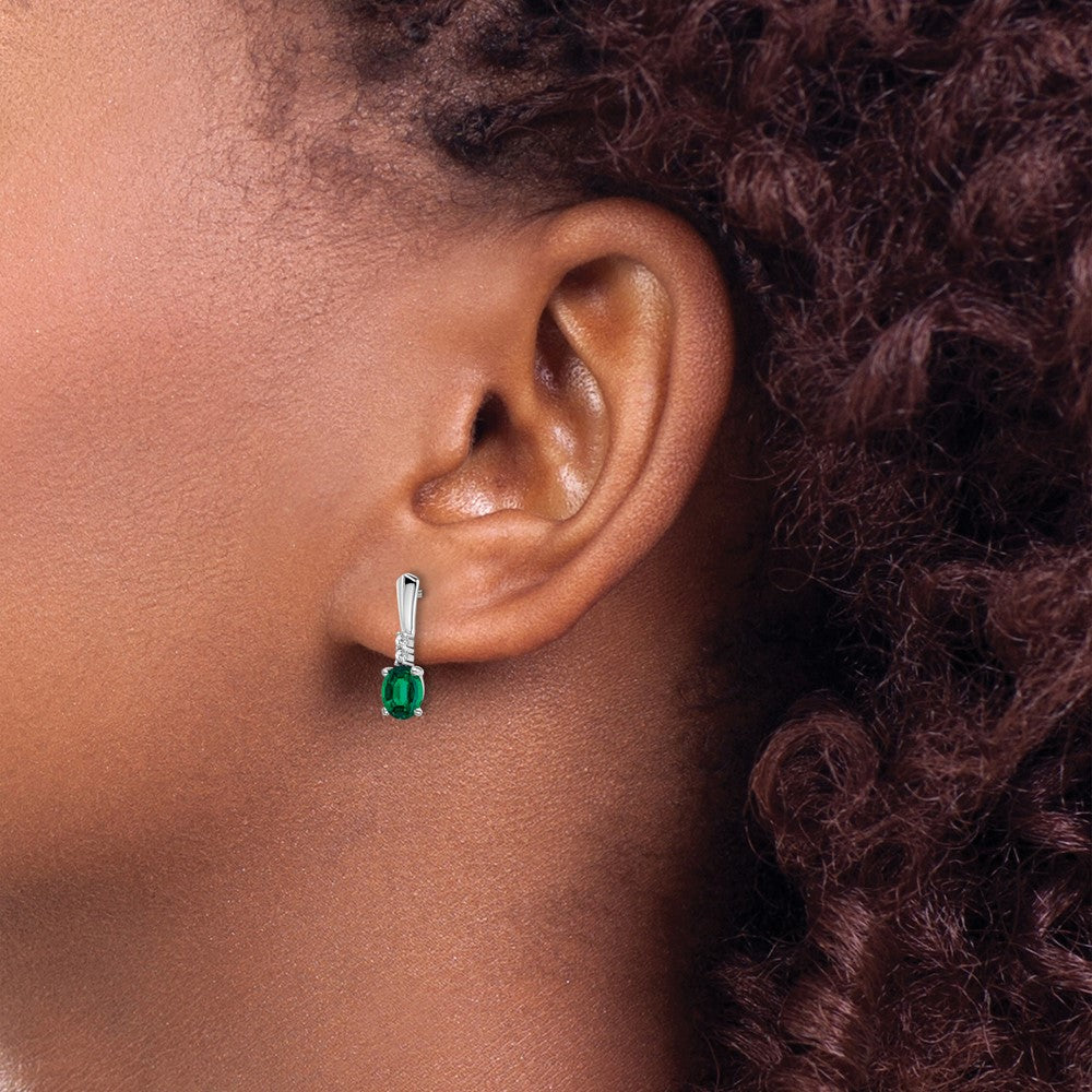 14k White Gold Oval Created Emerald and Diamond Dangle Earrings
