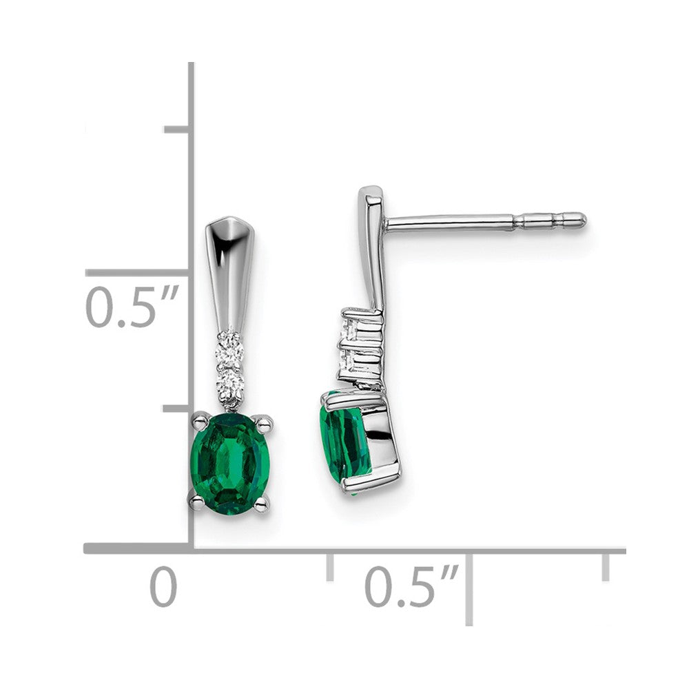 14k White Gold Oval Created Emerald and Diamond Dangle Earrings