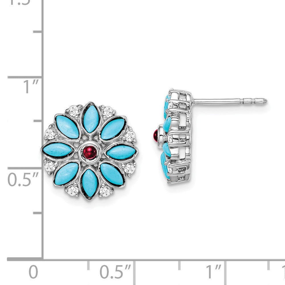 14k White Gold Turquoise/Creat. Ruby/Wht. Topaz Floral Earrings