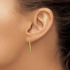 14k Polished Diamond and Emerald Drop Wire Earrings