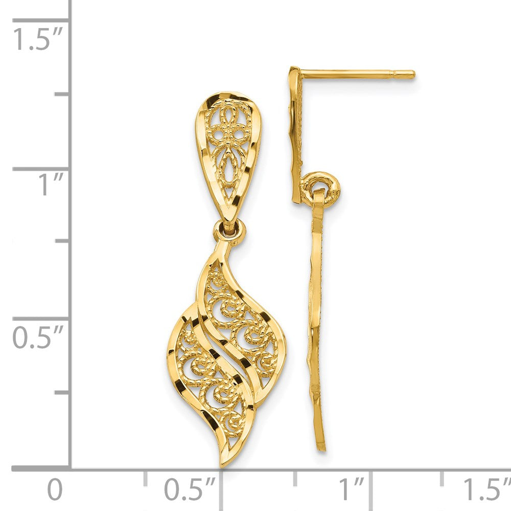14k Polished & Diamond-Cut Filigree Swirl Dangle Post Earrings