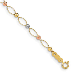 14K Tri-color Oval Link with Mirror Beads 7 inch Bracelet