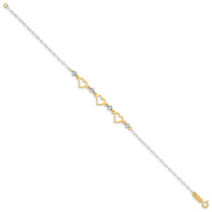 14K Two-tone Hearts and Diamond-cut Beads 6 inch Bracelet