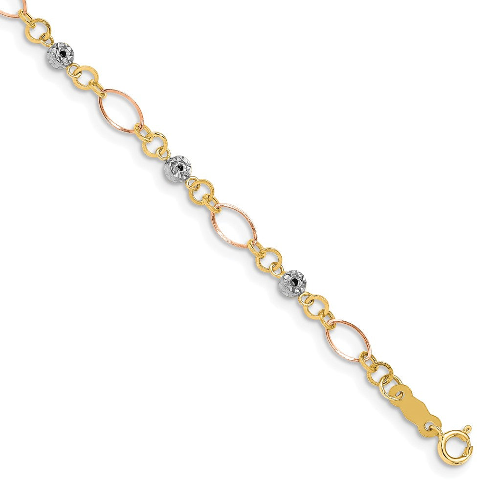 14k Tri-color Polished Diamond-cut Ovals and Donut Beads 7.5 inch Bracelet