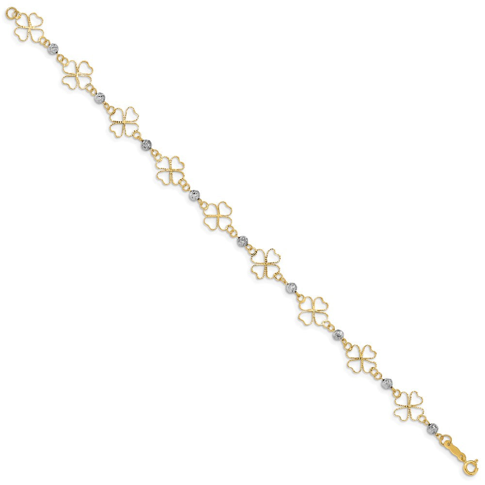 14k Two-tone Diamond-cut Open Clovers & Beads Bracelet