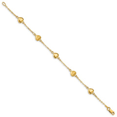 14K Brushed and Polished Puffed Hearts 7 inch Bracelet