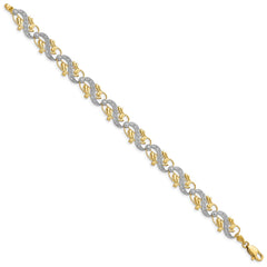 14K and White Rhodium Diamond-Cut Fancy Waves and Leaves 7.5 inch Bracelet