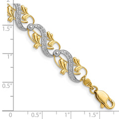 14K and White Rhodium Diamond-Cut Fancy Waves and Leaves 7.5 inch Bracelet