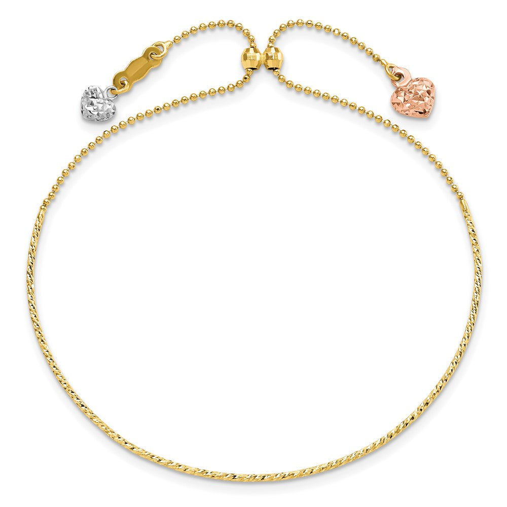 14K Tri-color D/C Heart Adjustable Bracelet