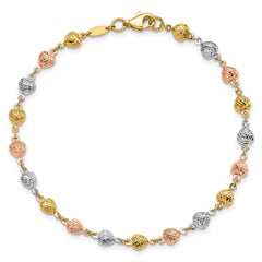 14K Tri-color Polished Diamond-Cut Hearts 7.5 inch Bracelet