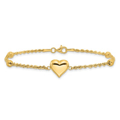 14k Polished and Diamond-cut Beaded Puffed Heart 7.75 inch Bracelet