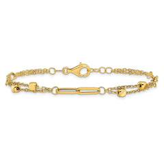 14K Polished Square Beads and Paperclip Link 7 inch Bracelet Plus 0.5 inch Extender