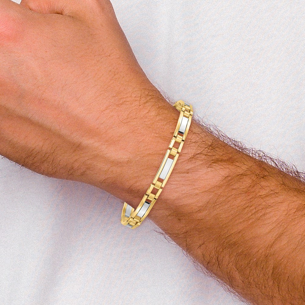 14k Two-tone Polished and Satin 6.3mm Fancy Bar Link 8.5 inch Mens Bracelet