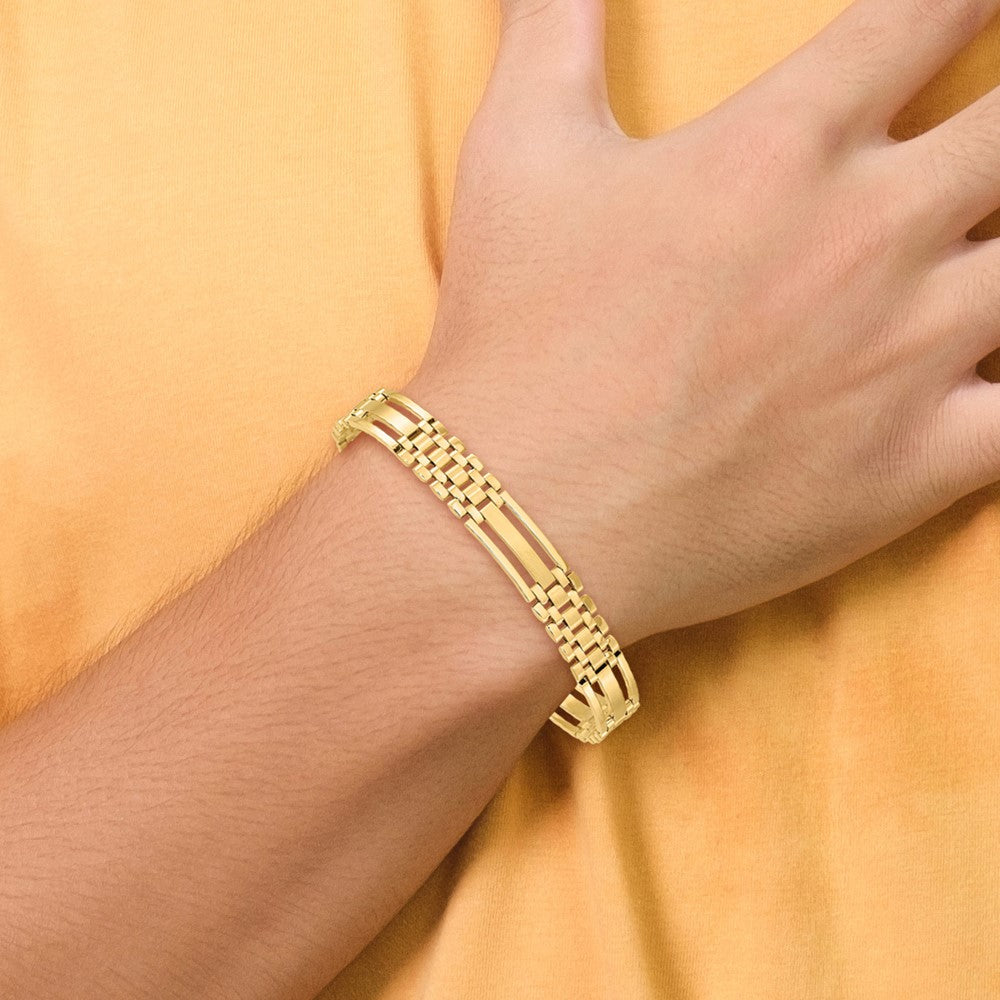 14k Polished and Satin 10mm Fancy Bar Link 8.75 inch Mens Bracelet
