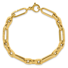 14K Polished and Textured 7.2mm Greek Key Design Figaro Cable Link 8 inch Bracelet