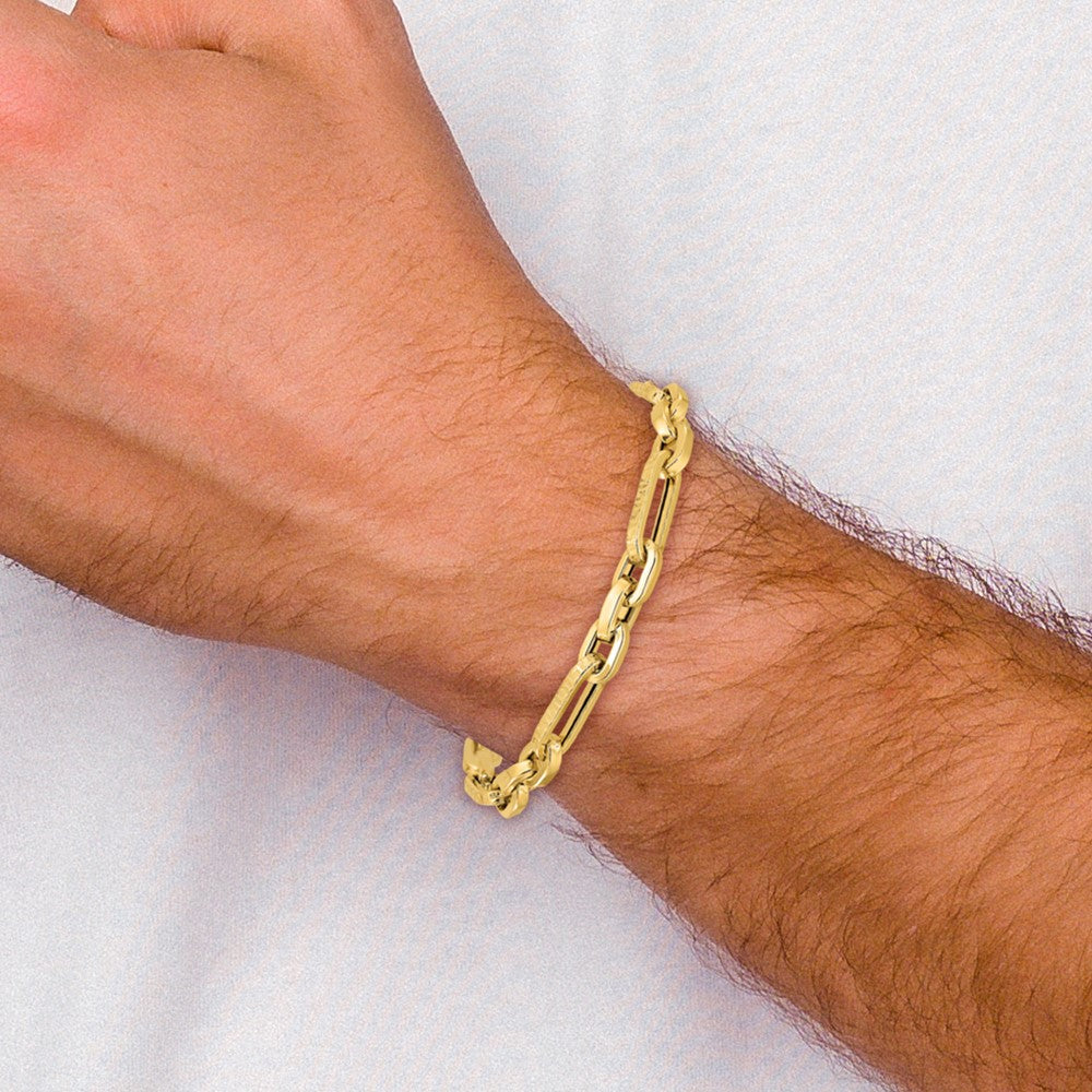 14K Polished and Textured 7.2mm Greek Key Design Figaro Cable Link 8 inch Bracelet