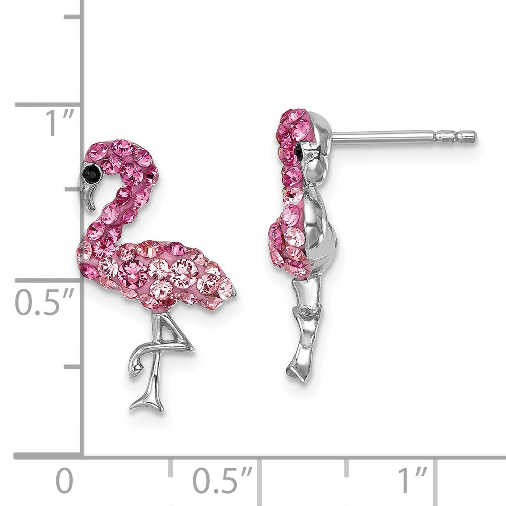Sterling Silver Rhodium-plated Polished Pink Crystal Flamingo Post Earrings