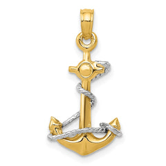 14K Two-Tone 3D Anchor W/Rope Pendant