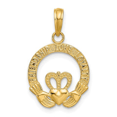 14k Satin Diamond-cut Flat-Backed Claddagh Pendant