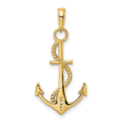 14K Gold Polished Anchor W/Rope Pendant