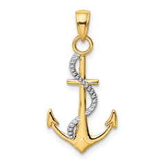 14K Two-tone Polished Anchor W/Rope Pendant