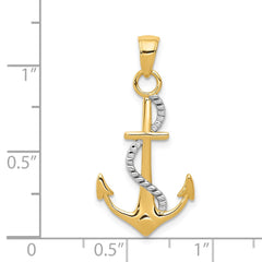 14K Two-tone Polished Anchor W/Rope Pendant