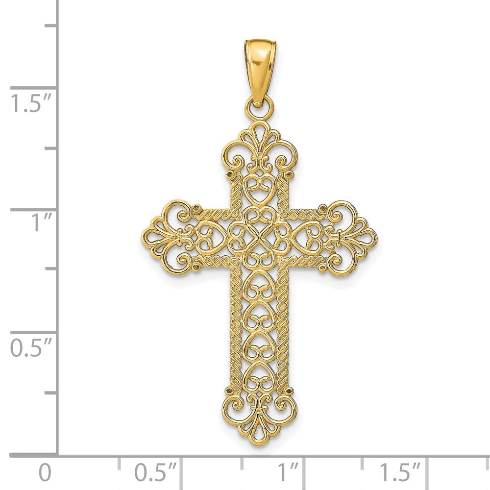 14K Polished Large Rope Frame Filigree Cross Pendant