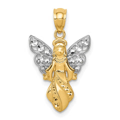 14K W/Rhodium Polished / Textured Angel Pendant