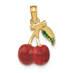 14K 3-D Enamel Cherries W/ Leaf Charm