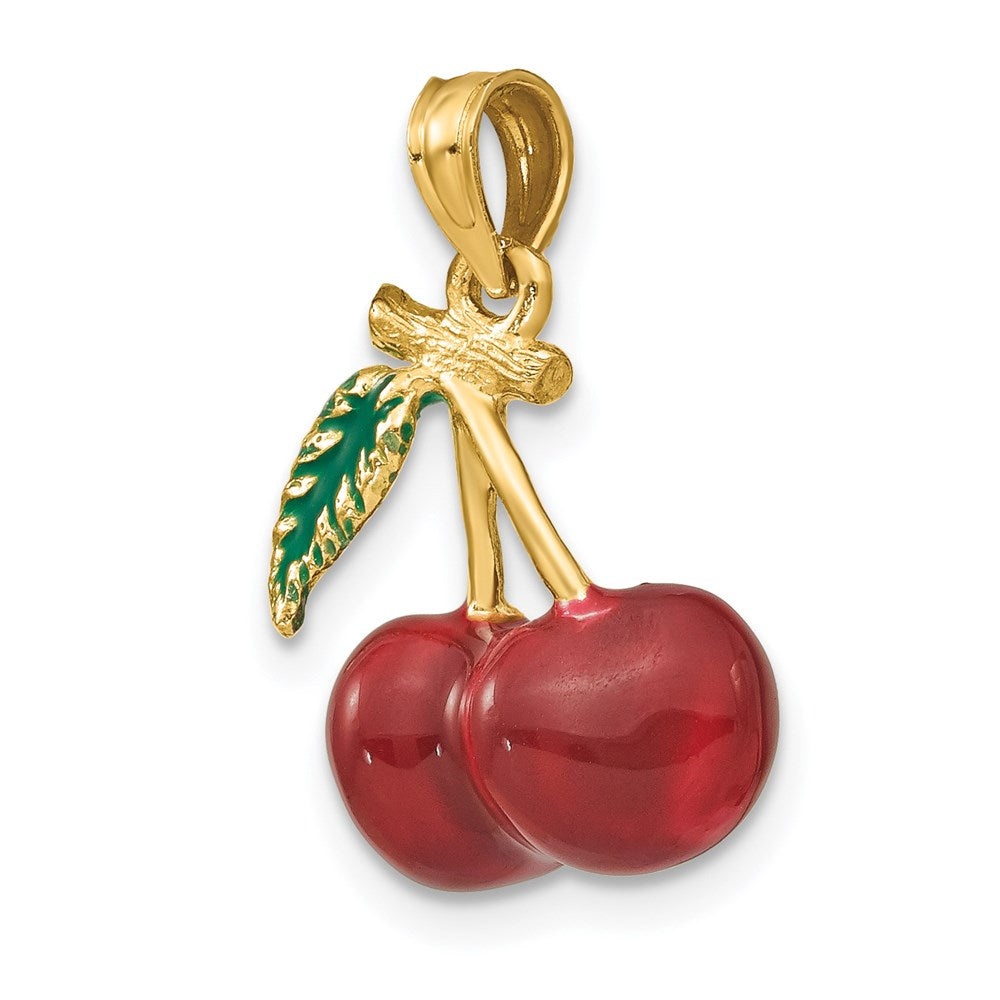 14K 3-D Enamel Cherries W/ Leaf Charm