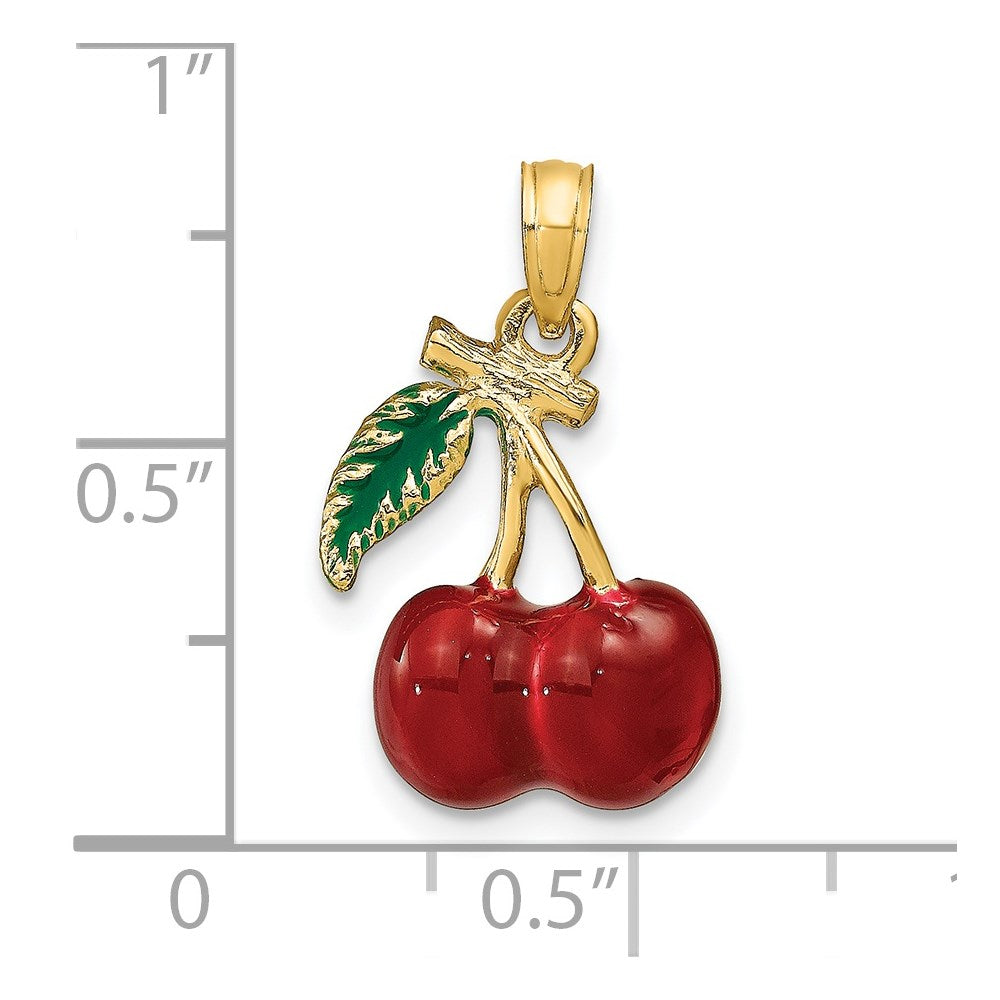 14K 3-D Enamel Cherries W/ Leaf Charm