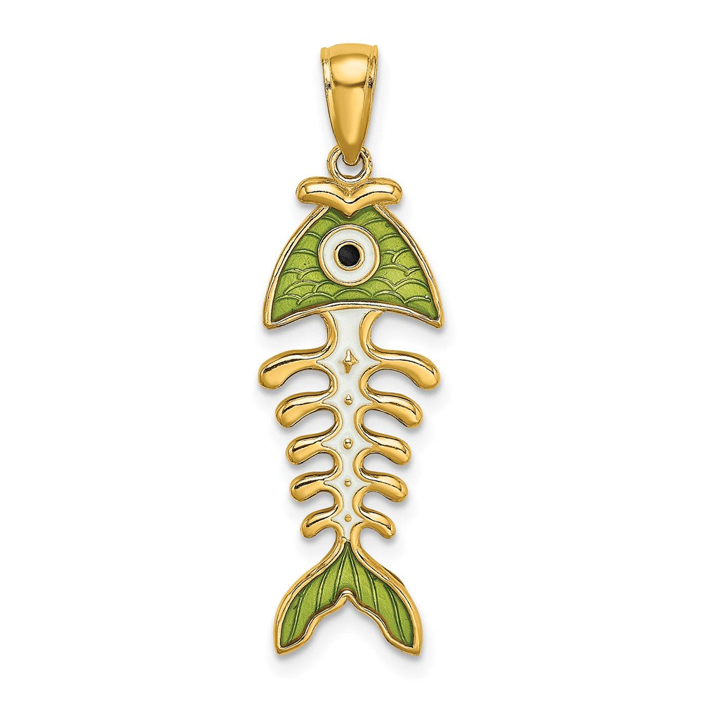14k 3D  Green Enamel Fish Bone Charm - 2